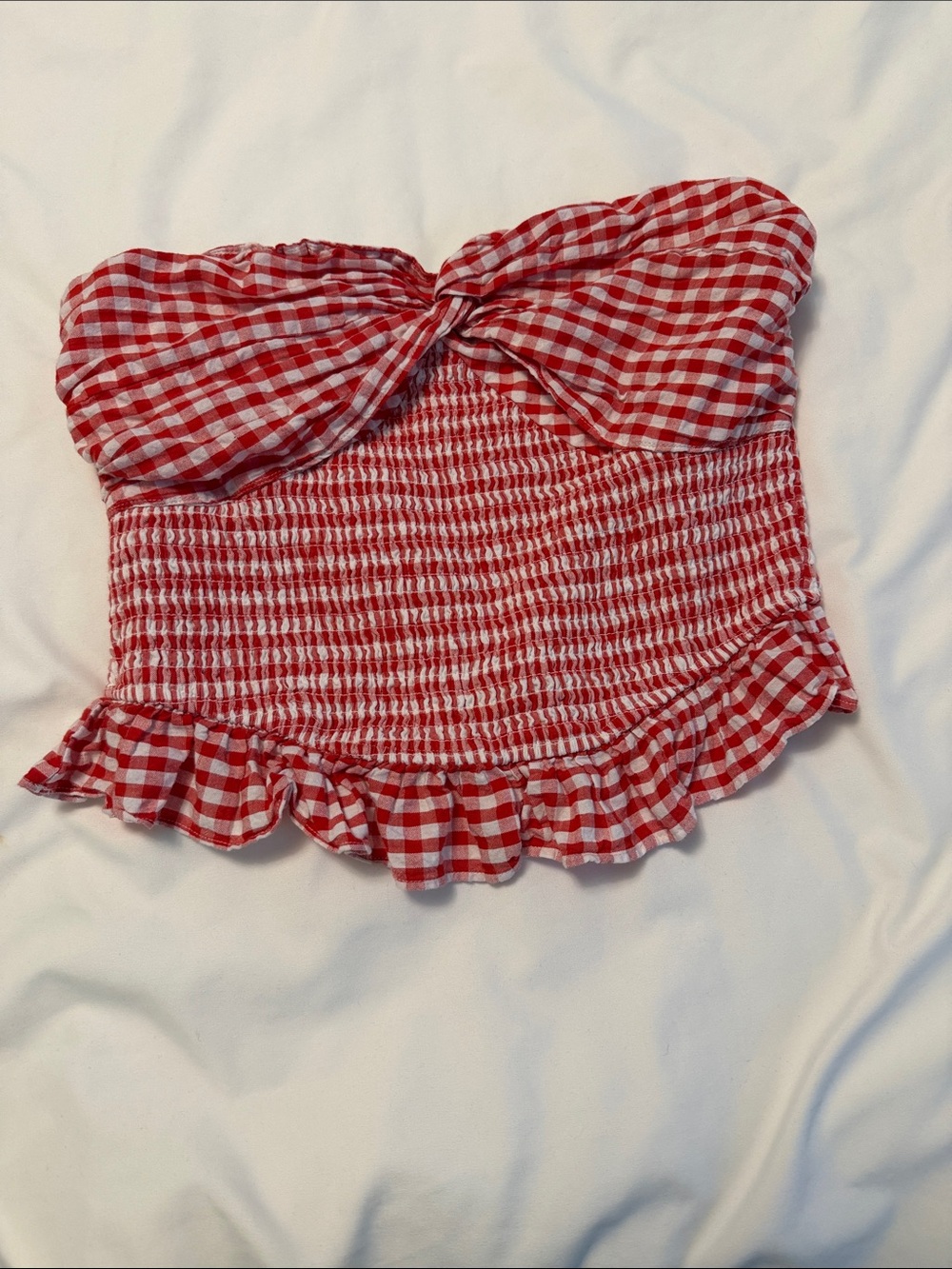 Japna Red Gingham Strapless Smocked Peplum Camisole